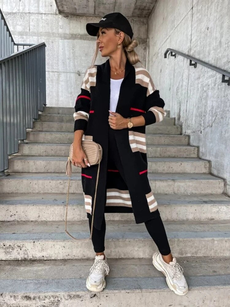 ComfortKnit - Lange Gestreepte Gebreide Damesjas | Stijlvol en Comfortabel