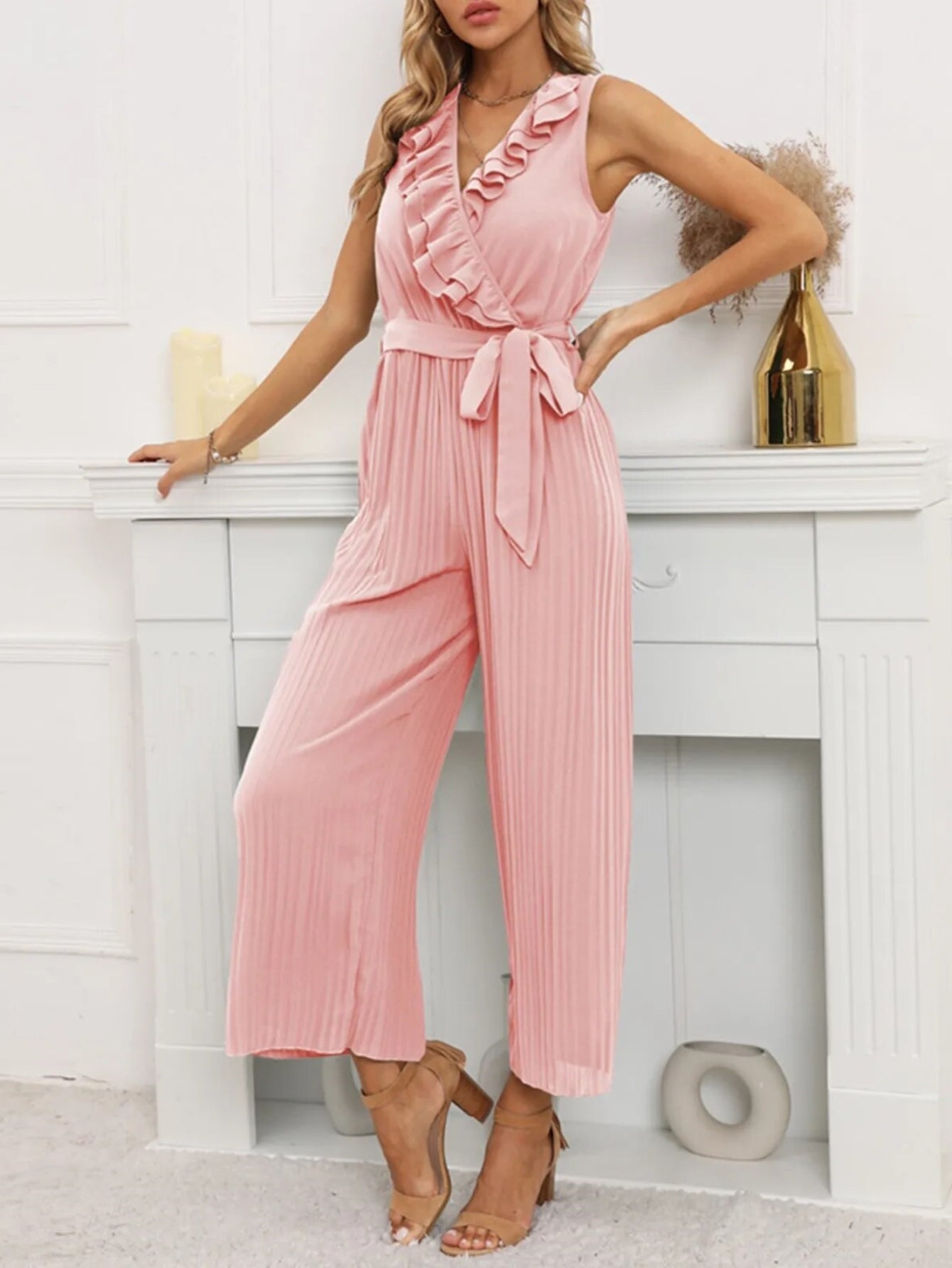 Chic Plissé - Jumpsuit met Riem en Ruches | Elegant en Stijlvol Design