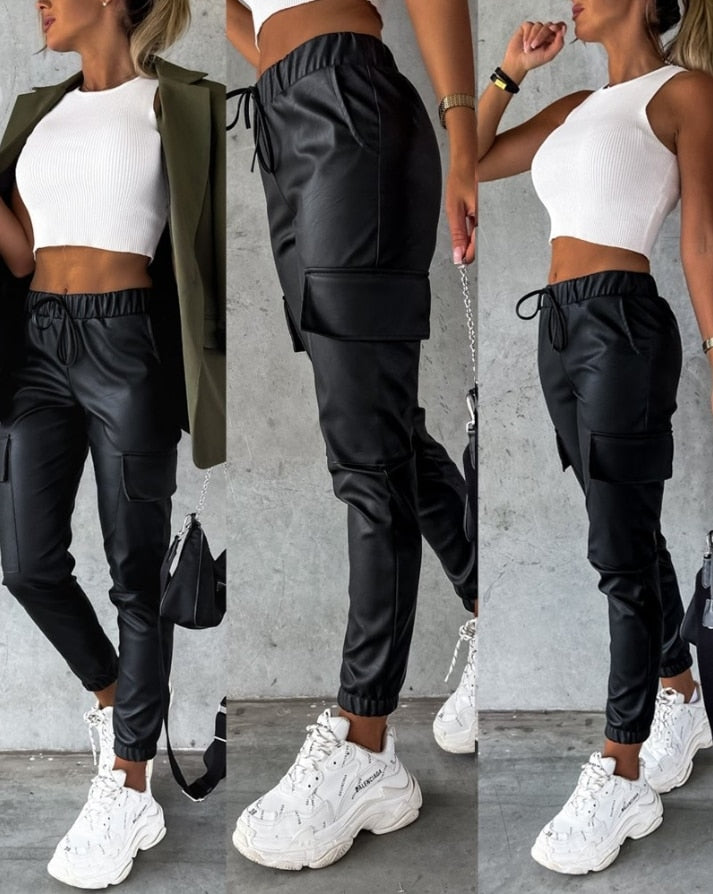 Sophia Cargo Broek | Broek met Leren Look en Cargozakken voor Dames