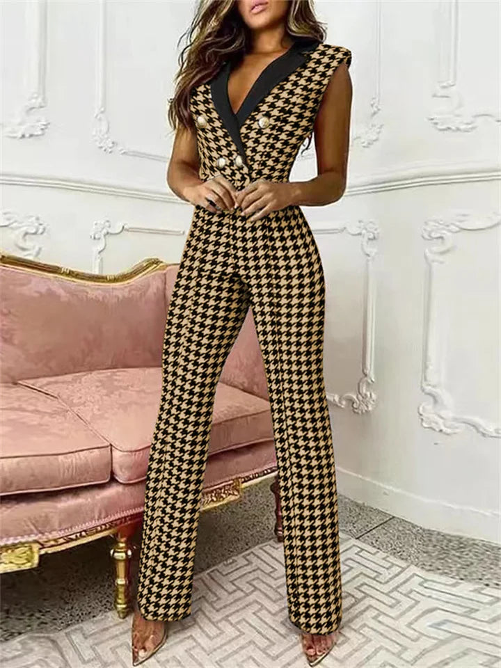 Elodie - Jumpsuit met V-hals en Pied-de-Poule Print | Trendy en Elegant