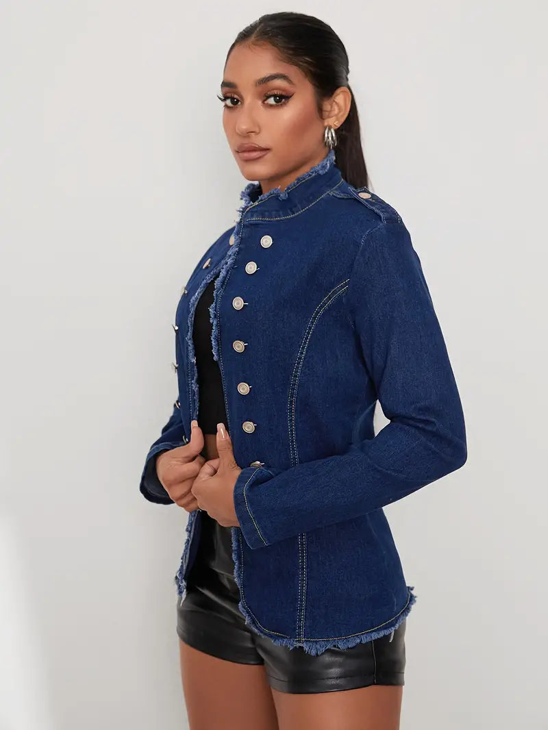 Alexandria - Lange Mouwen Denimjas met Knopen en Robuuste Afwerking