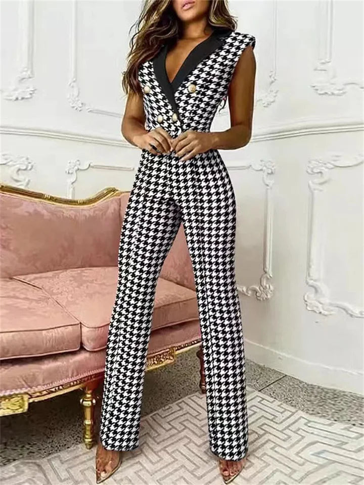 Elodie - Jumpsuit met V-hals en Pied-de-Poule Print | Trendy en Elegant