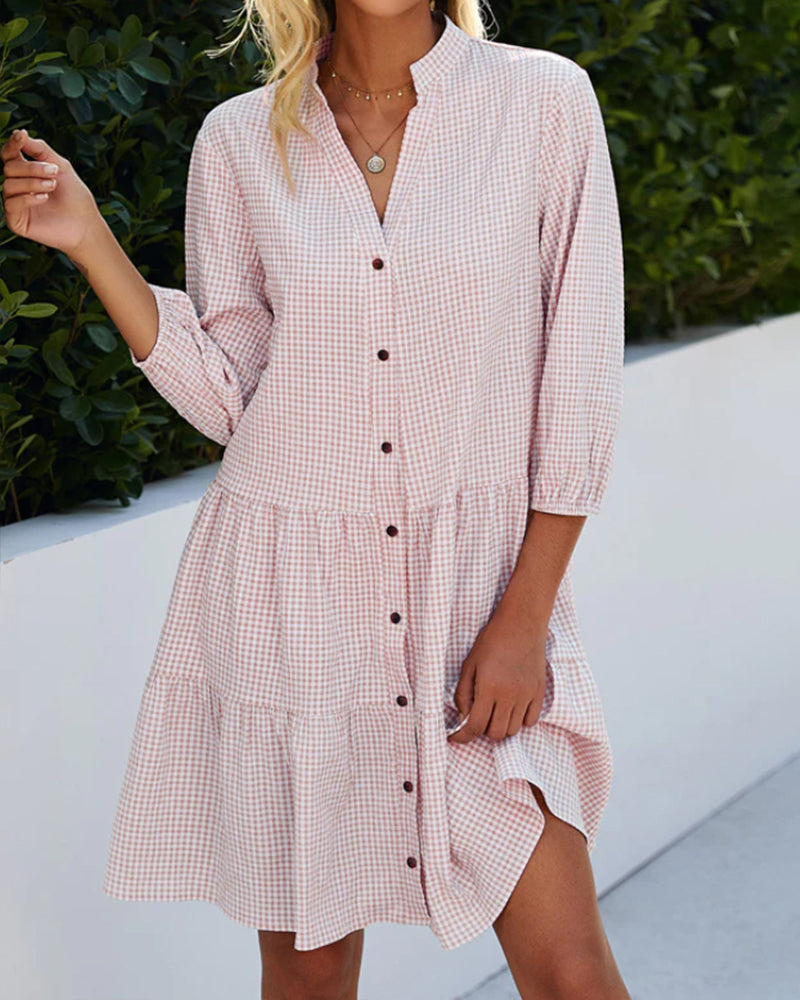 Rachelle - Geruit Knielang Button-Down Jurk
