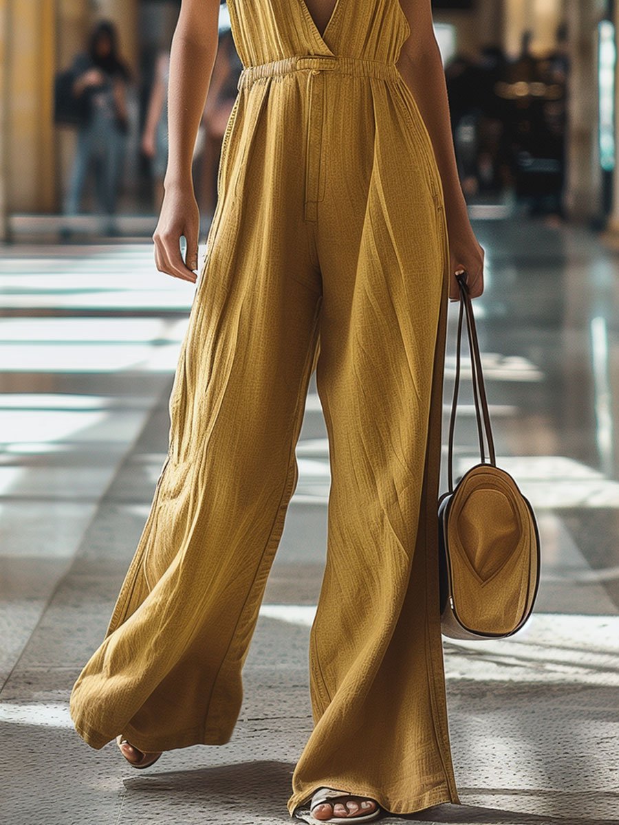 Elisa - Casual Denim Jumpsuit met V-hals en Elastische Taille | Retro Stijl Wijde Pijpen