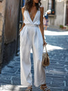 Elena - Stijlvolle Mouwloze Jumpsuit met V-hals en Wijde Pijpen van Witte Denim