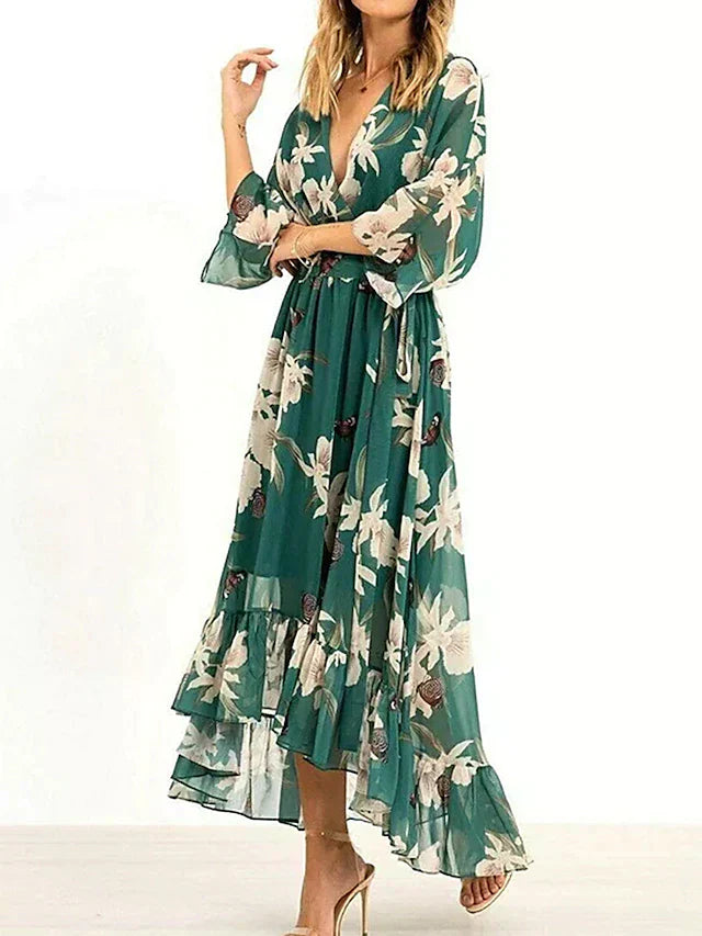 Marleen - 3/4 Mouw V-Hals Maxikleed voor Elegantie