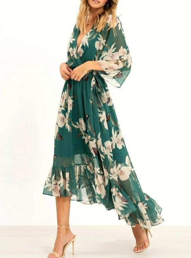Marleen - 3/4 Mouw V-Hals Maxikleed voor Elegantie