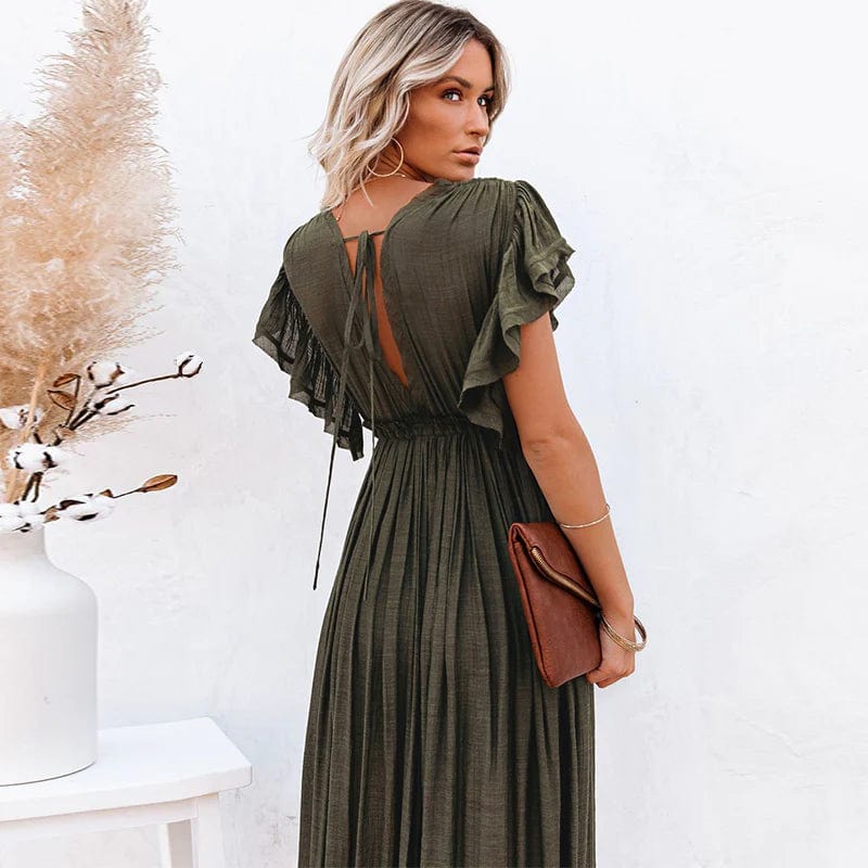 Maxima Donkergroene Jurk met V-Hals | Elegant Maxi Jurk voor Speciale Gelegenheden