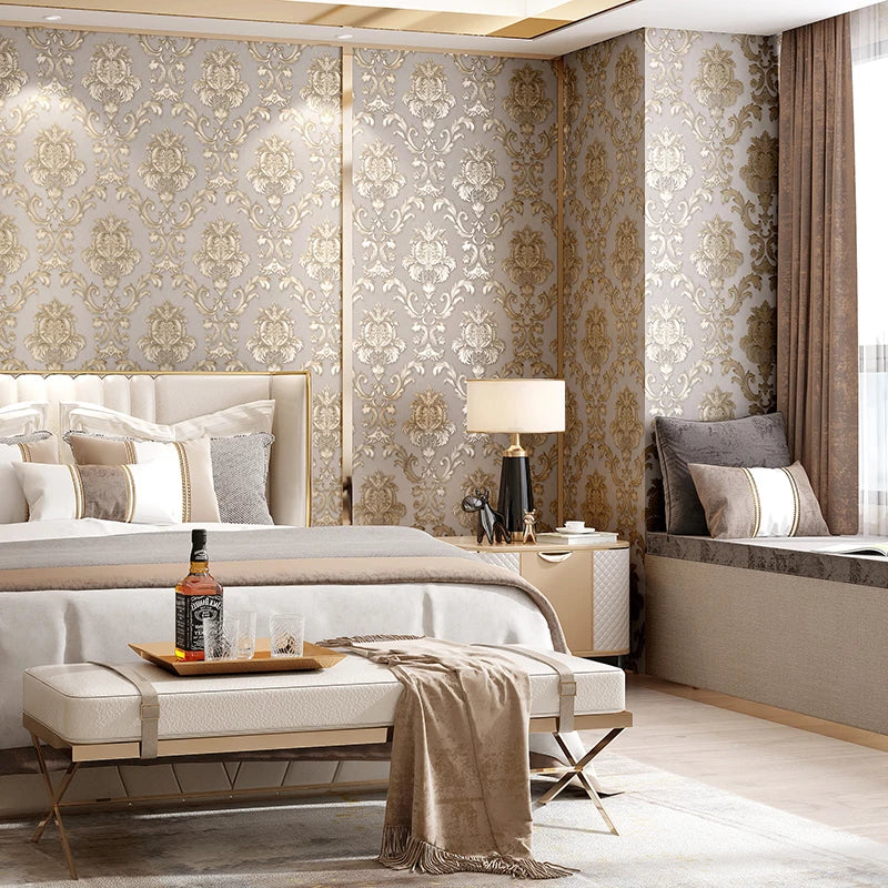 Luxe Goudkleurig 3D Damast Behang - Klassiek Textuurbehang voor Elegante Interieurs