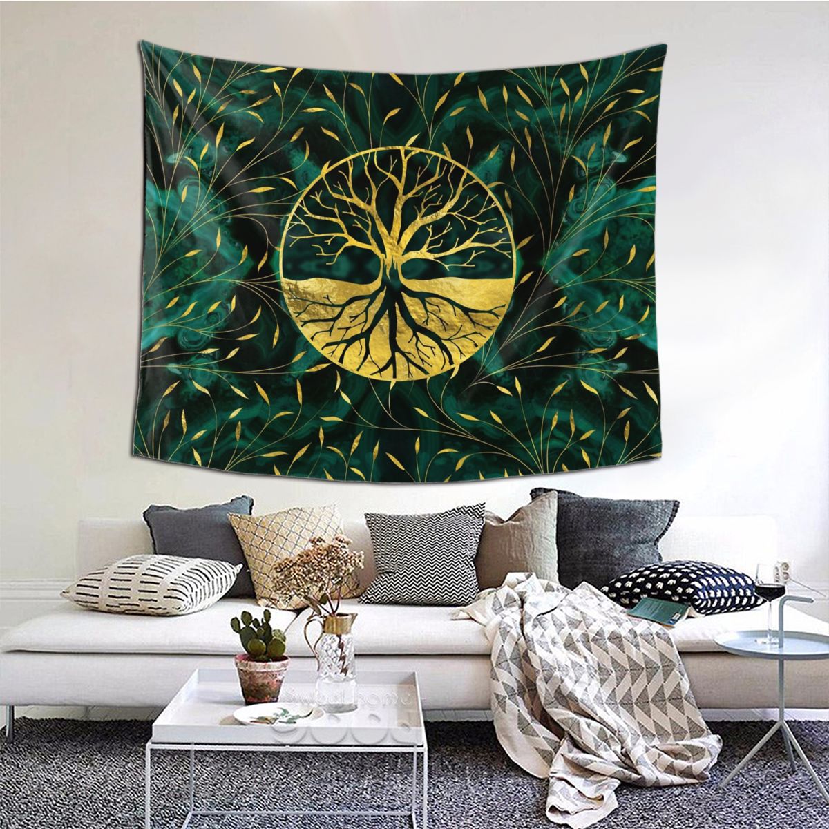 Wandkleed met Gouden Levensboom en Malachiet Design - Spirituele en Natuurlijke Wanddecoratie