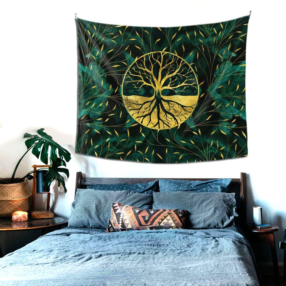 Wandkleed met Gouden Levensboom en Malachiet Design - Spirituele en Natuurlijke Wanddecoratie
