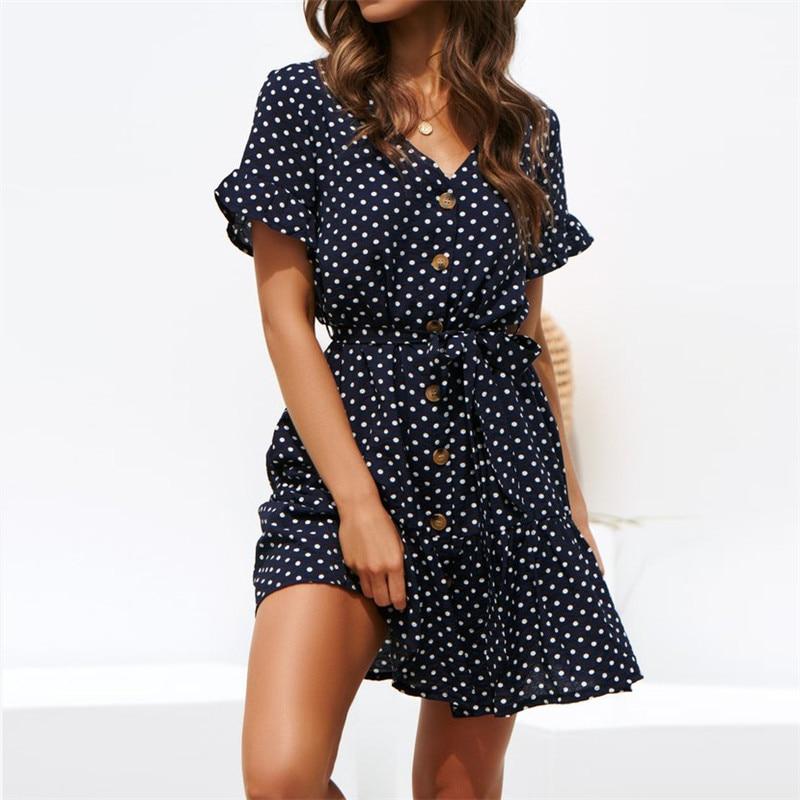 Charlene - Korte Mouw Polka Dot Jurk - Zomerjurk Dames Casual Vintage