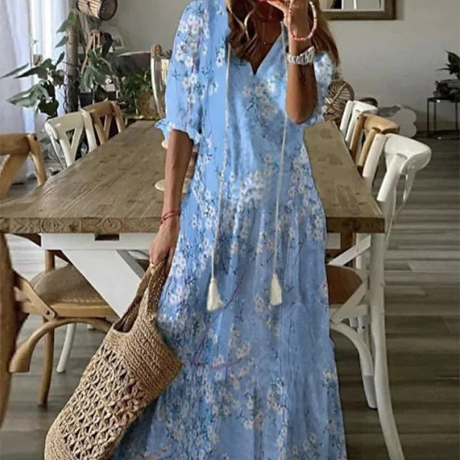 Livia Maxi Jurk | Elegante Maxi Jurk met Halve Mouwen en V-Hals met Bloemenprint