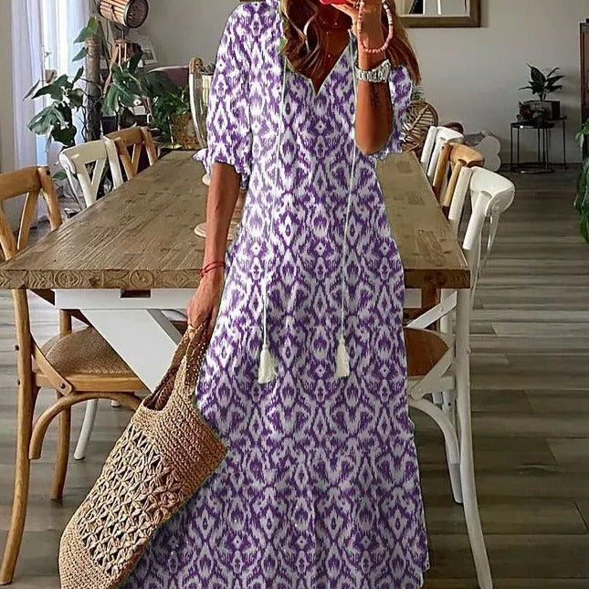 Livia Maxi Jurk | Elegante Maxi Jurk met Halve Mouwen en V-Hals met Bloemenprint